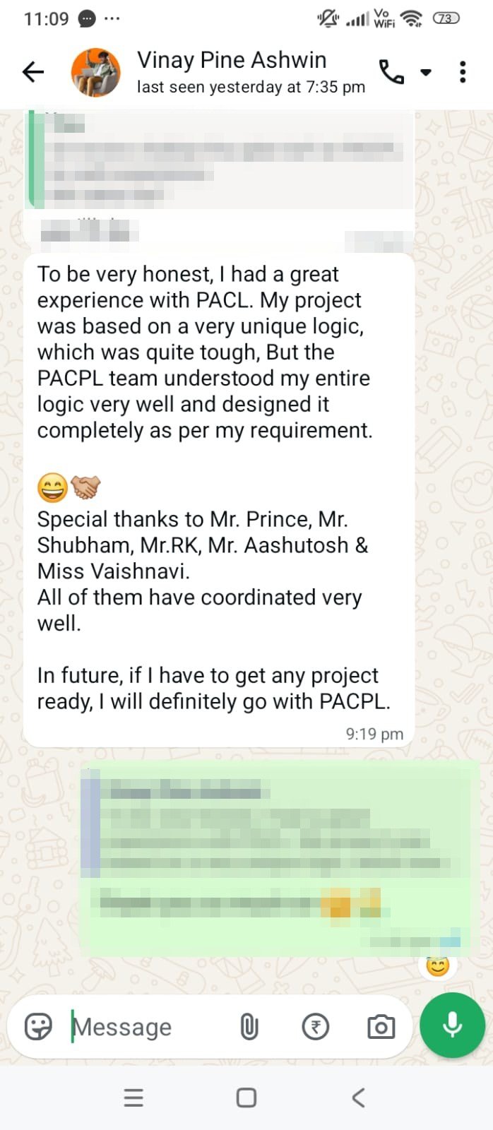 Vinay Ashwin review on WhatsApp
